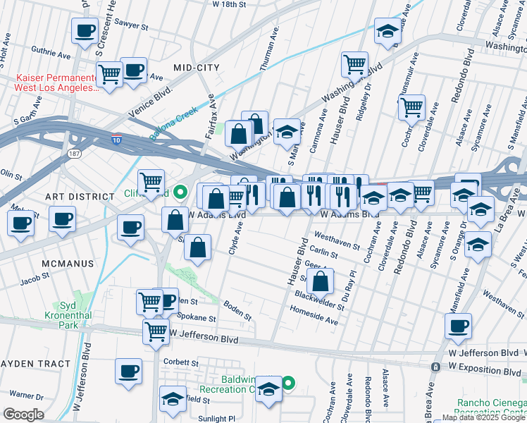 map of restaurants, bars, coffee shops, grocery stores, and more near 5574 West Adams Boulevard in Los Angeles