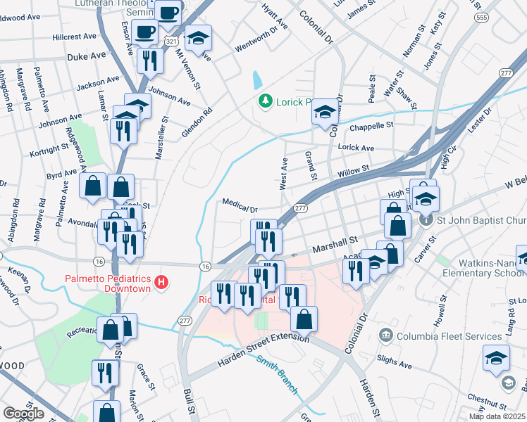map of restaurants, bars, coffee shops, grocery stores, and more near 29170 West Avenue in Columbia
