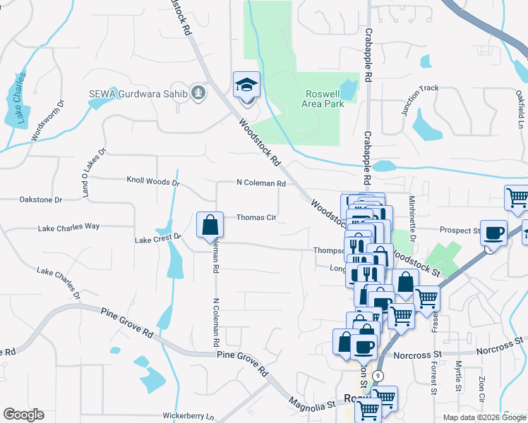 map of restaurants, bars, coffee shops, grocery stores, and more near 187 Thomas Circle in Roswell