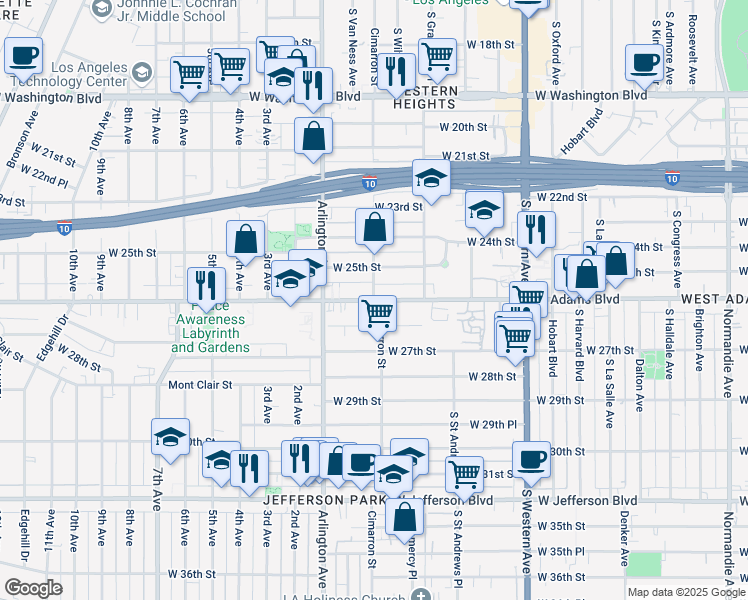 map of restaurants, bars, coffee shops, grocery stores, and more near Cimarron Street in Los Angeles
