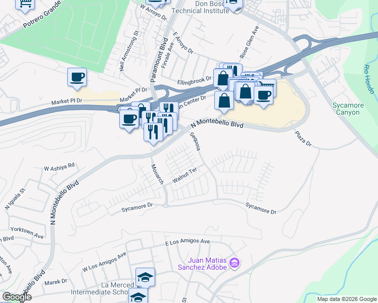 map of restaurants, bars, coffee shops, grocery stores, and more near 998 Snowberry Place in Montebello