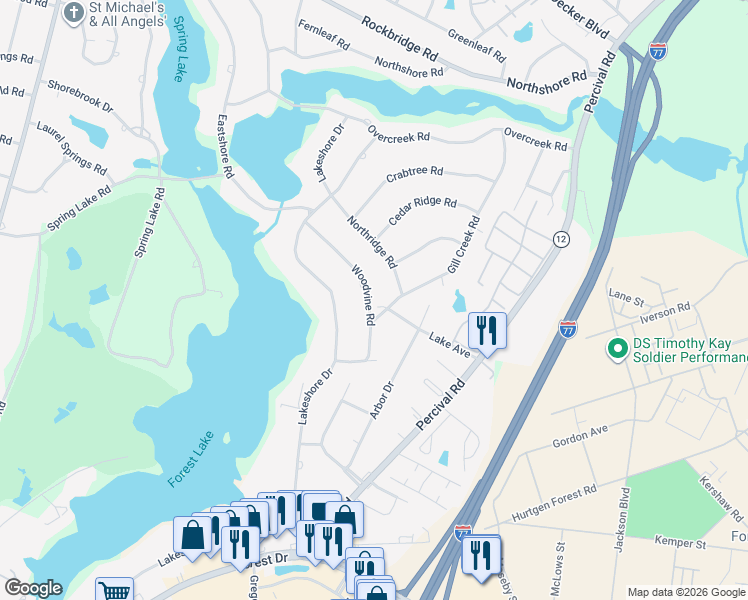 map of restaurants, bars, coffee shops, grocery stores, and more near 5909 Woodvine Road in Columbia