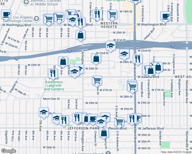 map of restaurants, bars, coffee shops, grocery stores, and more near W Adams Blvd & Cimarron St in Los Angeles