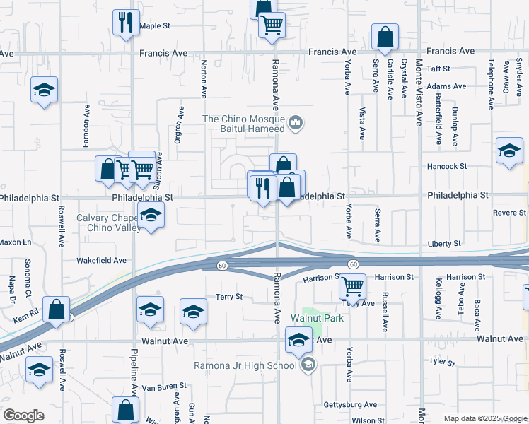 map of restaurants, bars, coffee shops, grocery stores, and more near 12150 Ramona Avenue in Chino