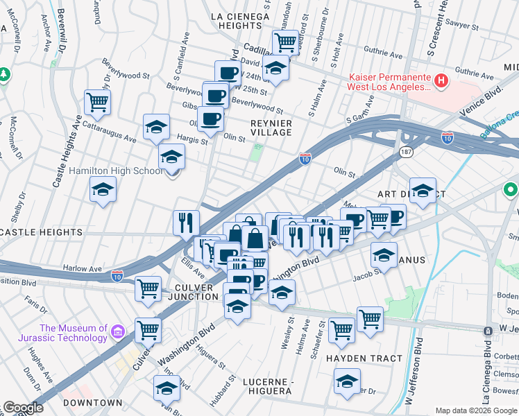 map of restaurants, bars, coffee shops, grocery stores, and more near 3149 Helms Avenue in Los Angeles