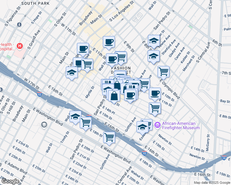 map of restaurants, bars, coffee shops, grocery stores, and more near 740 East Pico Boulevard in Los Angeles