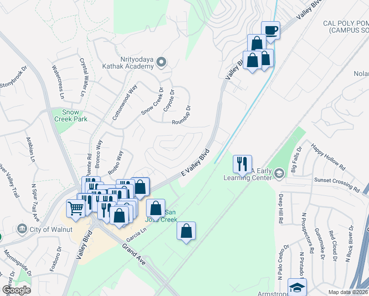 map of restaurants, bars, coffee shops, grocery stores, and more near 22115 Garibaldi Drive in Walnut