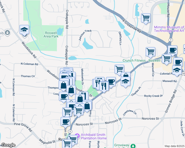 map of restaurants, bars, coffee shops, grocery stores, and more near 135 Valley Drive in Roswell