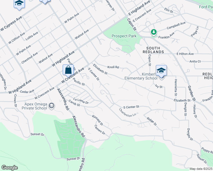 map of restaurants, bars, coffee shops, grocery stores, and more near 1349 South Center Street in Redlands