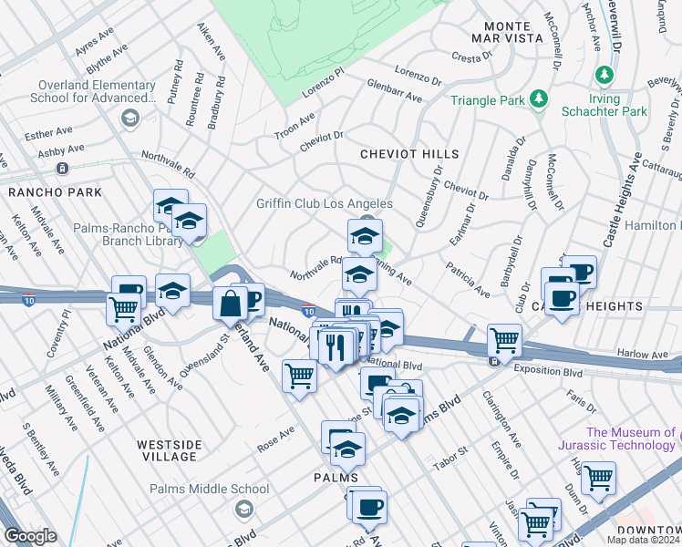 map of restaurants, bars, coffee shops, grocery stores, and more near 10301 Walavista Road in Los Angeles