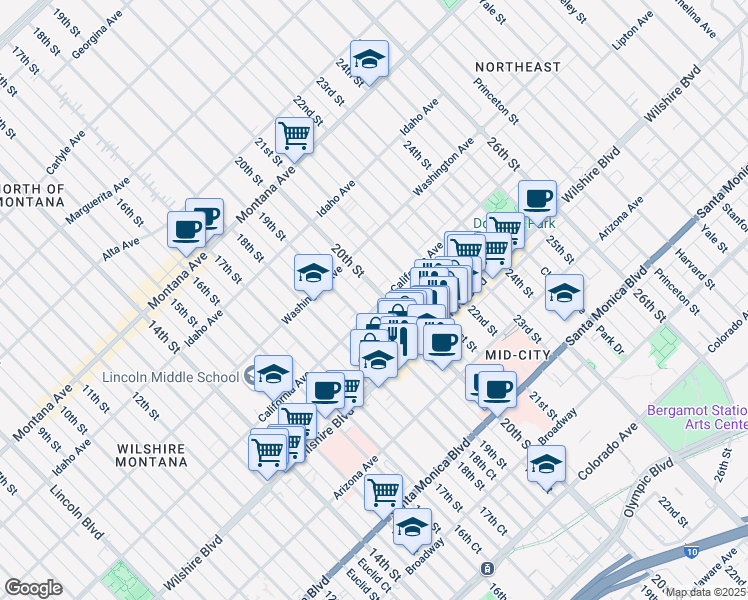 map of restaurants, bars, coffee shops, grocery stores, and more near 1060 20th Street in Santa Monica