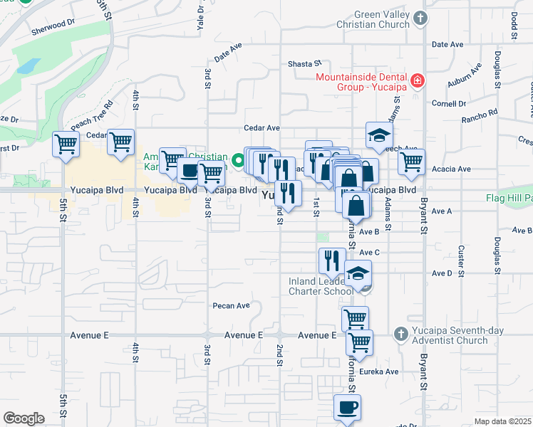 map of restaurants, bars, coffee shops, grocery stores, and more near 12198 2nd Street in Yucaipa