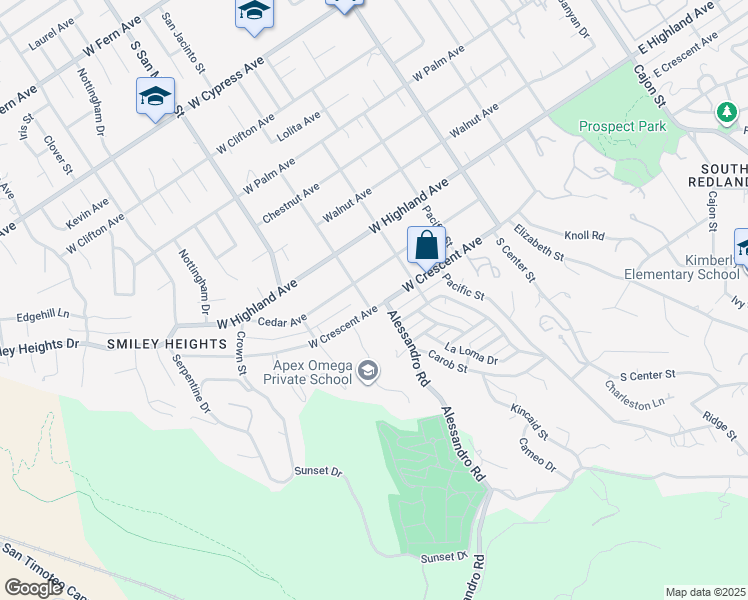map of restaurants, bars, coffee shops, grocery stores, and more near 1119 West Crescent Avenue in Redlands