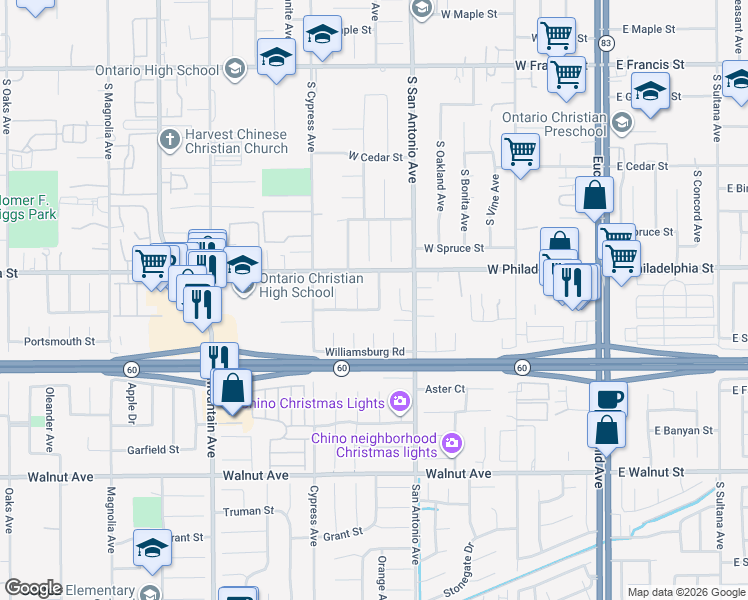 map of restaurants, bars, coffee shops, grocery stores, and more near 12208 Alexandria Place in Chino