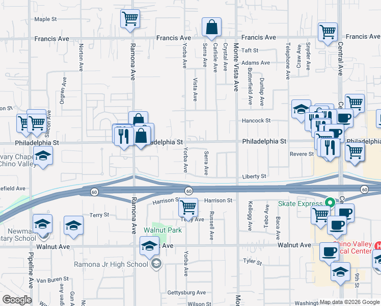 map of restaurants, bars, coffee shops, grocery stores, and more near 12160 Vista Court in Chino