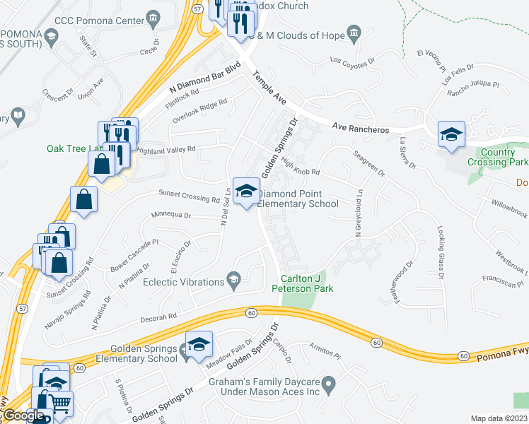 map of restaurants, bars, coffee shops, grocery stores, and more near 530 Golden Springs Drive in Diamond Bar