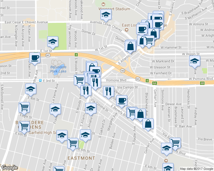 map of restaurants, bars, coffee shops, grocery stores, and more near 5274 Dewar Avenue in Los Angeles