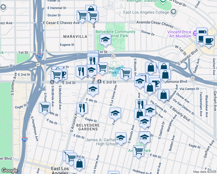 map of restaurants, bars, coffee shops, grocery stores, and more near 4924 Gratian Street in East Los Angeles