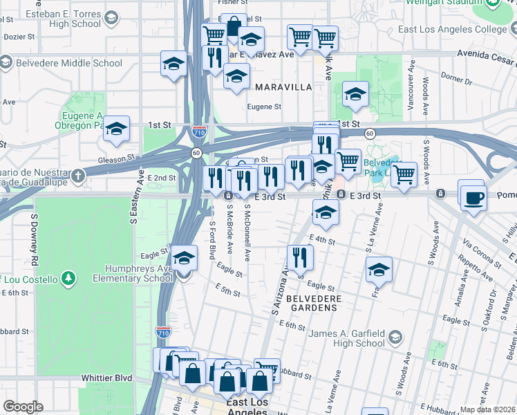 map of restaurants, bars, coffee shops, grocery stores, and more near 347 South McDonnell Avenue in Los Angeles