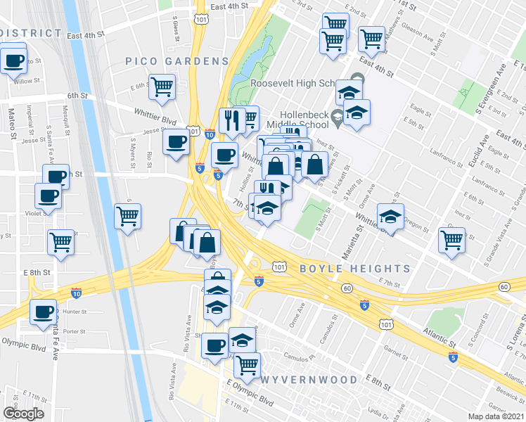 map of restaurants, bars, coffee shops, grocery stores, and more near 2464 East 7th Street in Los Angeles