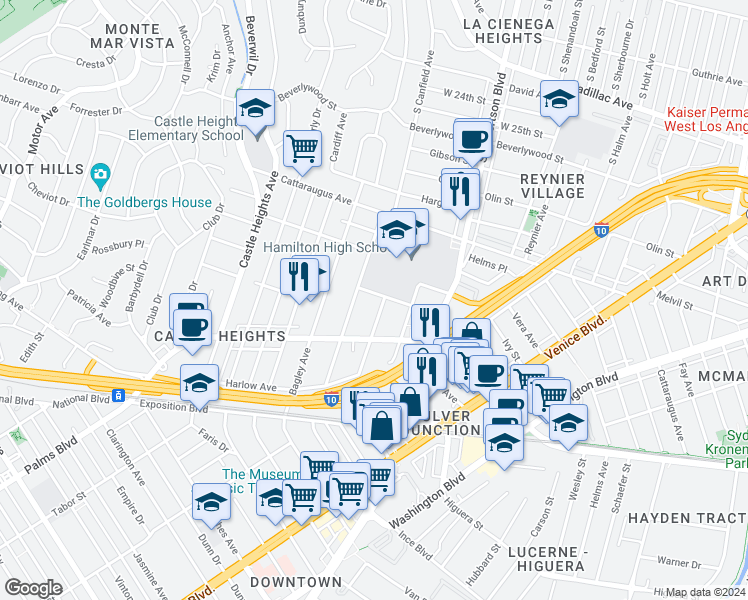 map of restaurants, bars, coffee shops, grocery stores, and more near 3139 South Durango Avenue in Los Angeles