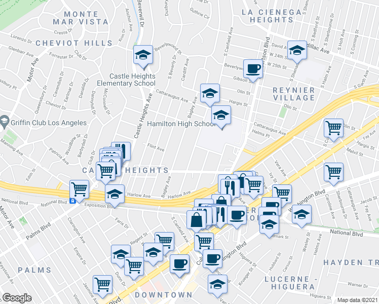 map of restaurants, bars, coffee shops, grocery stores, and more near 3206 Bagley Avenue in Los Angeles