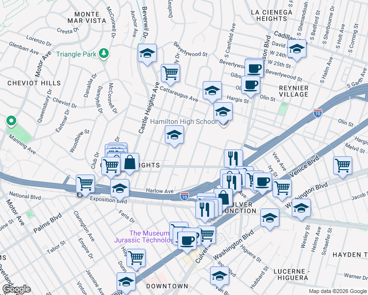 map of restaurants, bars, coffee shops, grocery stores, and more near 3206 Bagley Avenue in Los Angeles