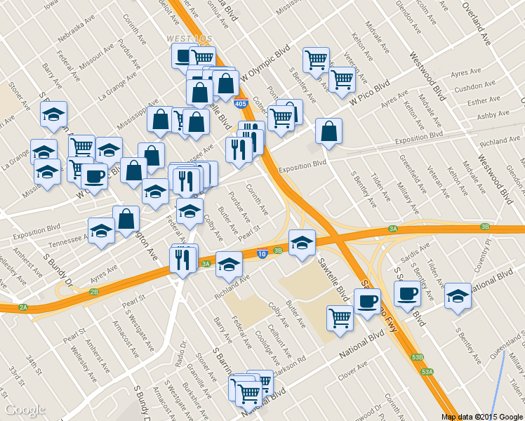 map of restaurants, bars, coffee shops, grocery stores, and more near 2498 Purdue Avenue in Los Angeles