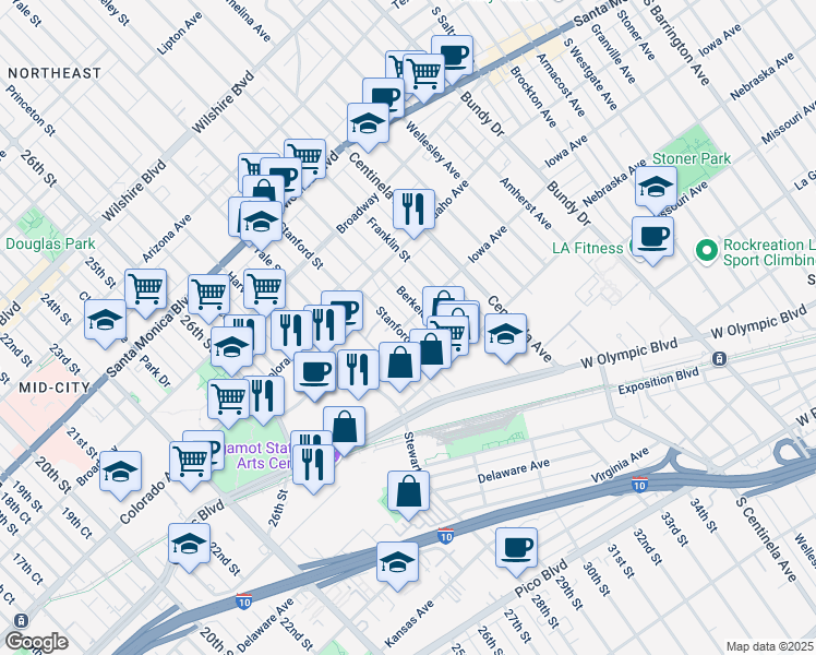 map of restaurants, bars, coffee shops, grocery stores, and more near 1724 Stanford Street in Santa Monica