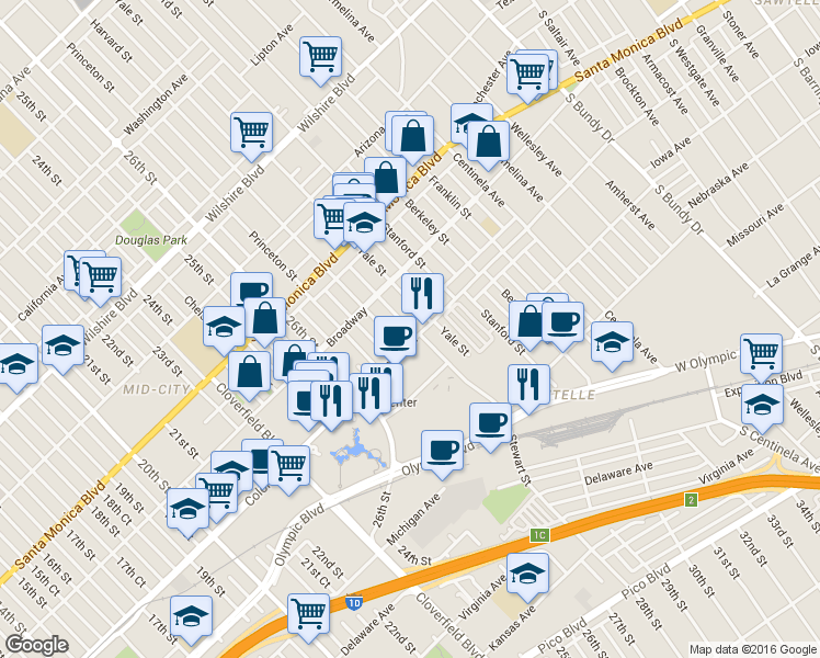 map of restaurants, bars, coffee shops, grocery stores, and more near 2834 Colorado Avenue in Santa Monica