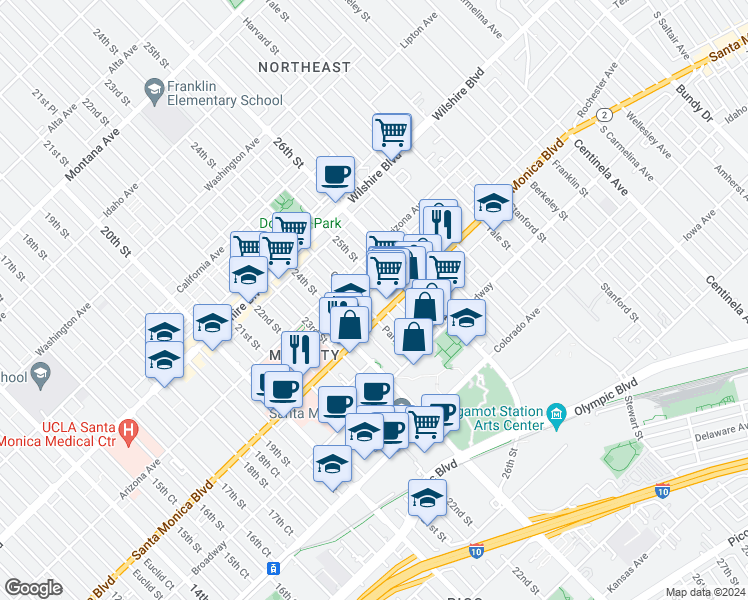 map of restaurants, bars, coffee shops, grocery stores, and more near 2419 Santa Monica Boulevard in Santa Monica