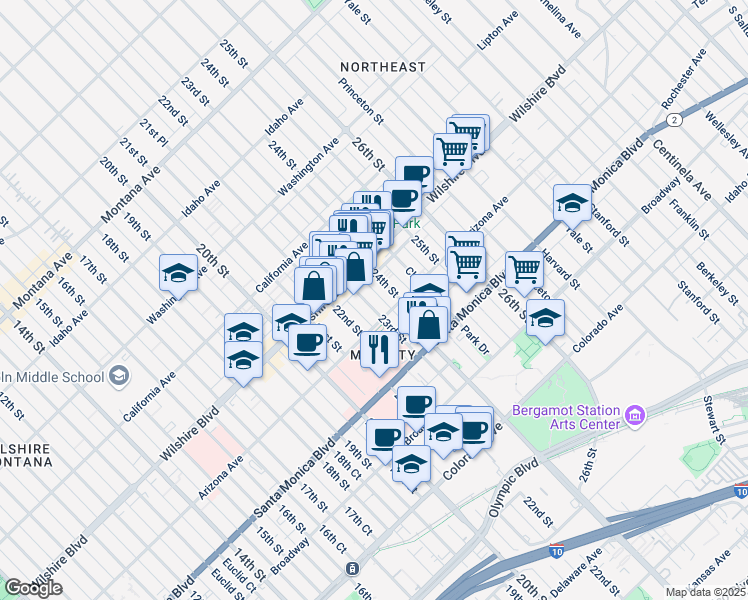 map of restaurants, bars, coffee shops, grocery stores, and more near 2306 Arizona Avenue in Santa Monica