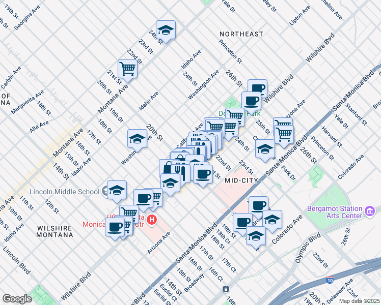 map of restaurants, bars, coffee shops, grocery stores, and more near 2008 Wilshire Boulevard in Santa Monica
