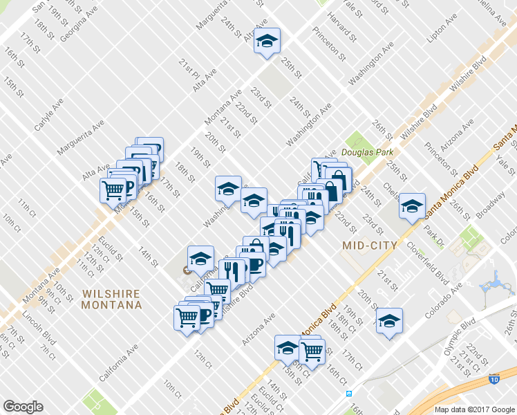 map of restaurants, bars, coffee shops, grocery stores, and more near 1044 19th Street in Santa Monica