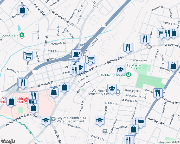 map of restaurants, bars, coffee shops, grocery stores, and more near 3506 Carver Street in Columbia