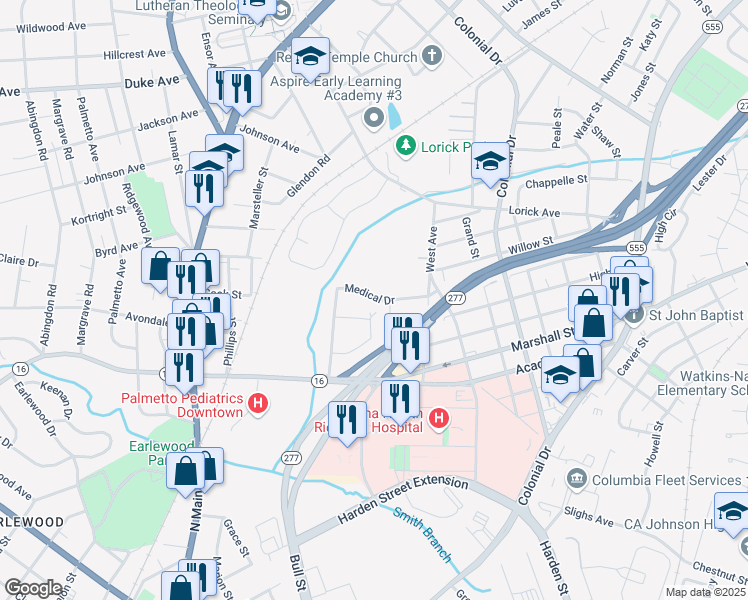 map of restaurants, bars, coffee shops, grocery stores, and more near in Columbia