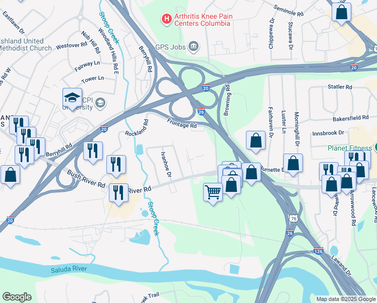 map of restaurants, bars, coffee shops, grocery stores, and more near 1820 Berkshire Drive in Columbia