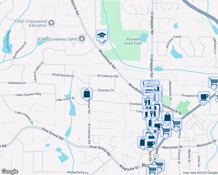 map of restaurants, bars, coffee shops, grocery stores, and more near 187 Thomas Circle in Roswell