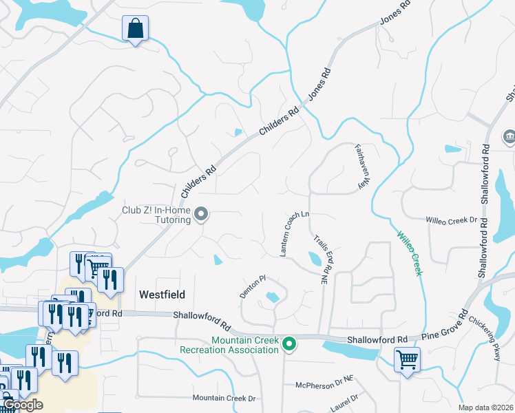 map of restaurants, bars, coffee shops, grocery stores, and more near 3291 Coachmans Way in Roswell