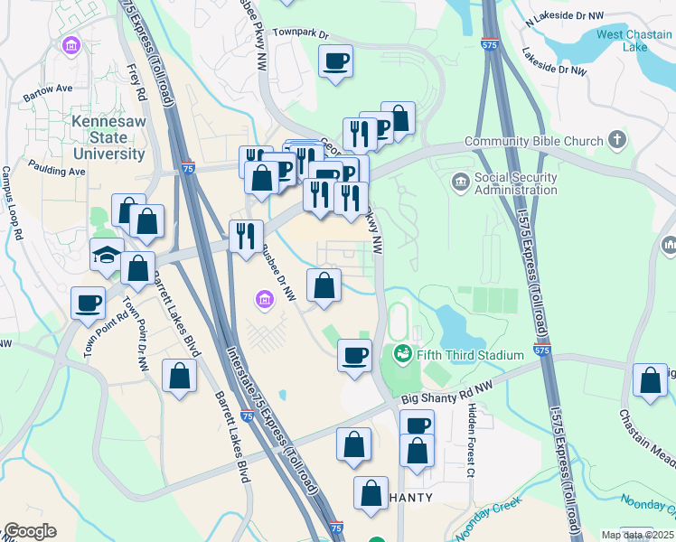 map of restaurants, bars, coffee shops, grocery stores, and more near 3355 George Busbee Parkway Northwest in Kennesaw