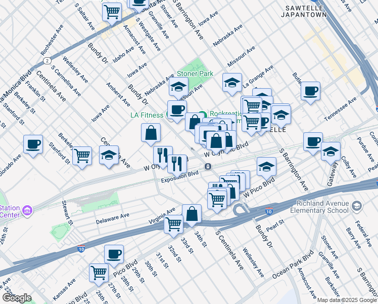 map of restaurants, bars, coffee shops, grocery stores, and more near 12100-12200 West Olympic Boulevard in Los Angeles
