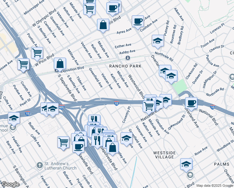 map of restaurants, bars, coffee shops, grocery stores, and more near 2744 Veteran Avenue in Los Angeles
