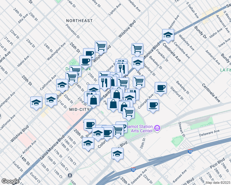 map of restaurants, bars, coffee shops, grocery stores, and more near 1418 26th Street in Santa Monica