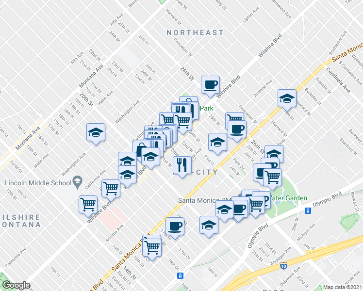 map of restaurants, bars, coffee shops, grocery stores, and more near 1222 23rd Street in Santa Monica