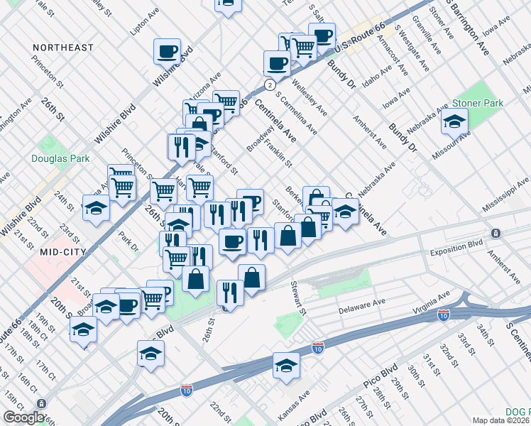 map of restaurants, bars, coffee shops, grocery stores, and more near 2929 Pennsylvania Avenue in Santa Monica