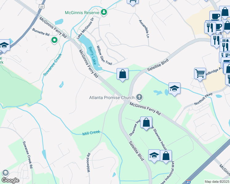 map of restaurants, bars, coffee shops, grocery stores, and more near 3108 Burnette Road in Suwanee