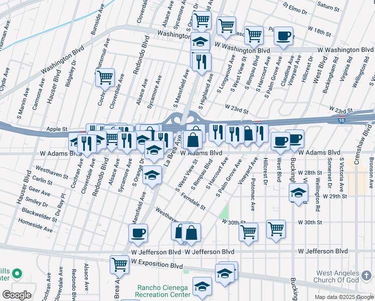 map of restaurants, bars, coffee shops, grocery stores, and more near 2622 South Longwood Avenue in Los Angeles