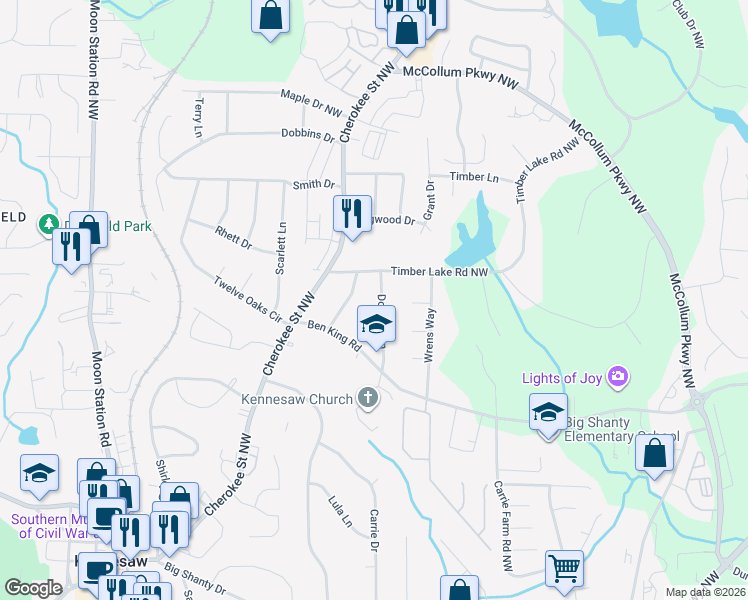 map of restaurants, bars, coffee shops, grocery stores, and more near 3264 Douglas Lane in Kennesaw