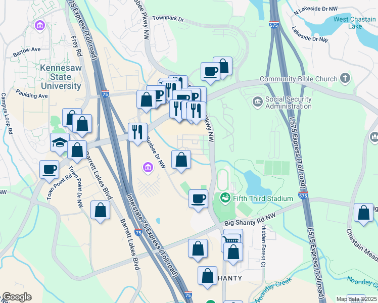 map of restaurants, bars, coffee shops, grocery stores, and more near 3355 George Busbee Parkway Northwest in Kennesaw