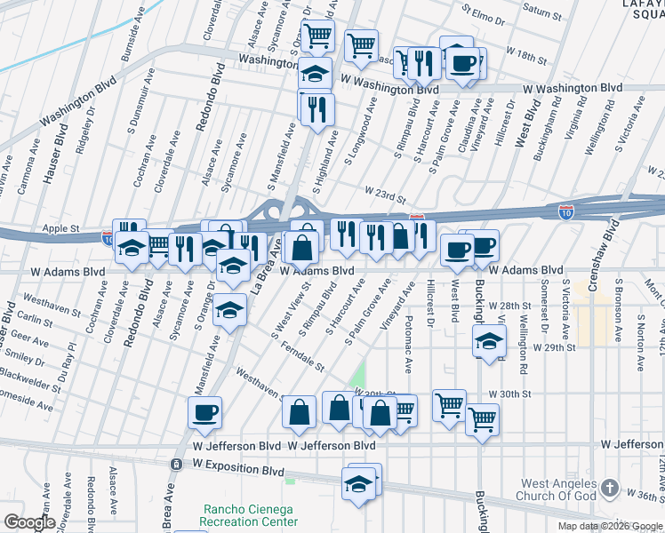 map of restaurants, bars, coffee shops, grocery stores, and more near in Los Angeles
